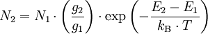 N_2 = N_1 \cdot \left( \frac{g_2}{g_1} \right) \cdot \exp \left( -\frac{E_2 - E_1}{k_\mathrm{B} \cdot T} \right)