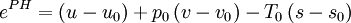 e^{PH}=\left(u-u_0\right)+p_0\left(v-v_0\right)-T_0\left(s-s_0\right)\,