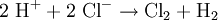 \mathrm{2\ H^+ + 2\ Cl^- \to Cl_2 + H_2}