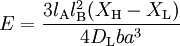 E = \frac{3 l_{\rm A} l_{\rm B}^2 (X_{\rm H} - X_{\rm L})}{4 D_{\rm L} b a^3}