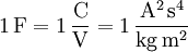 \mathrm{1\, F = 1\,\frac{C}{V} = 1\,\frac{A^2\, s^4}{kg\, m^2}}