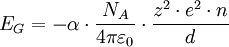 E_{G}=-\alpha\cdot \frac{N_A}{4\pi\varepsilon_0}\cdot \frac{z^2\cdot e^2\cdot n}{d}