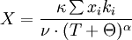 X = \frac{\kappa \sum x_i k_i}{\nu \cdot (T + \Theta)^{\alpha}}