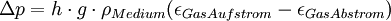 \Delta p = h \cdot g \cdot \rho _{Medium} ( \epsilon _{Gas Aufstrom} - \epsilon _{Gas Abstrom} )