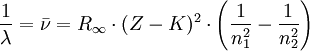 \frac{1}{\lambda} =  \bar \nu  =R_\infty \cdot (Z-K)^2 \cdot \left( \frac{1}{n_1^2} - \frac{1}{n_2^2} \right)