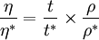 \frac{\eta}{\eta^{*{}}}=\frac{t}{t^{*{}}}\times\frac{\rho}{\rho^{*{}}}