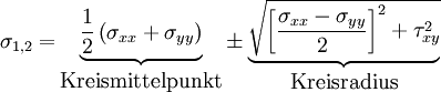 {\sigma_{1,2} = \atop \ } {\underbrace{{1 \over 2} \left ( \sigma_{xx} + \sigma_{yy} \right )} \atop \rm{Kreismittelpunkt}} {\pm \atop \ } { \underbrace{\sqrt{ \left [ {\sigma_{xx} - \sigma_{yy} \over 2 }\right ]^2 + \tau_{xy}^2}} \atop \rm{Kreisradius}}